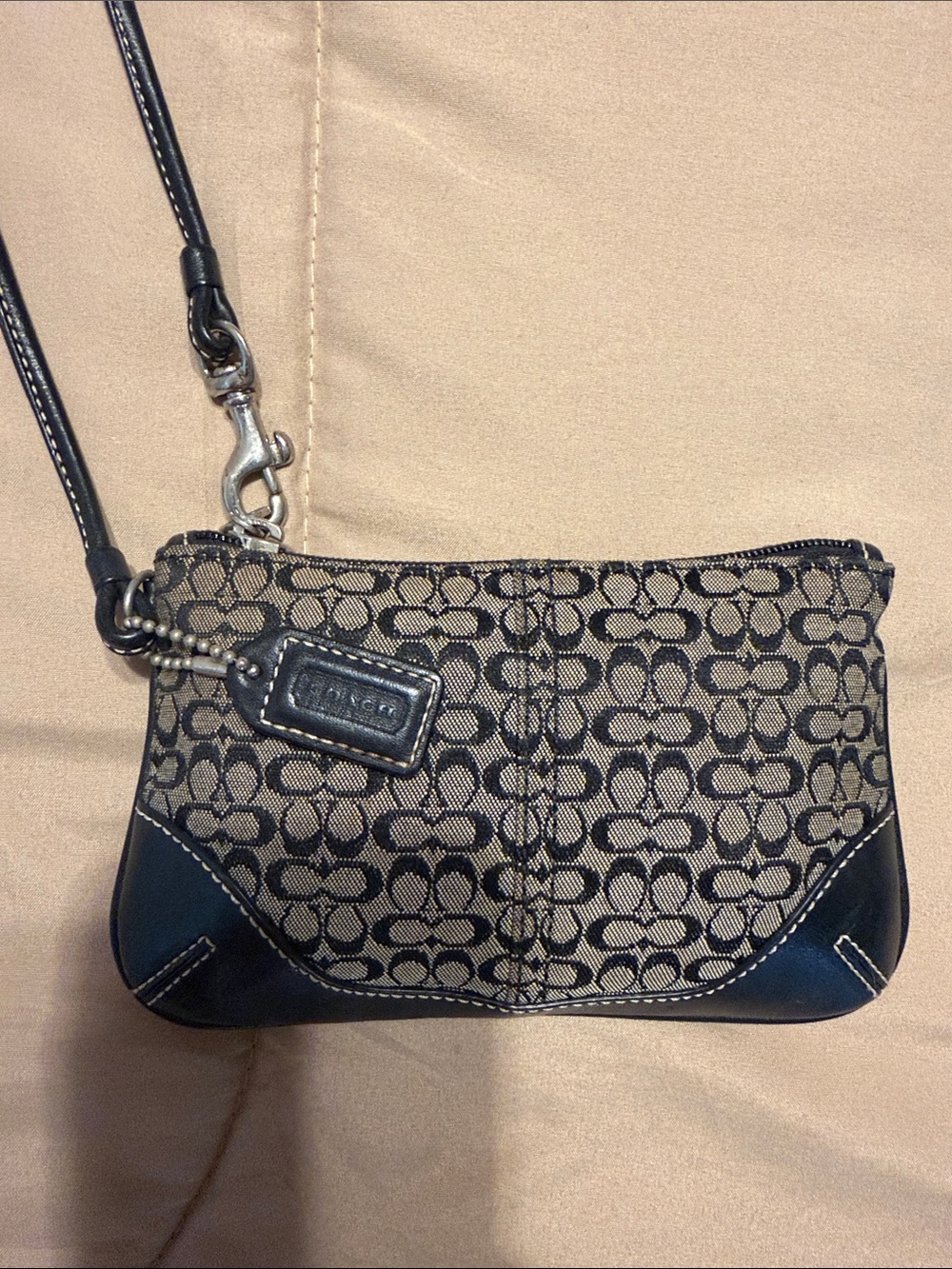 Coach Signature Canvas Wristlet with Black Leather Trim
